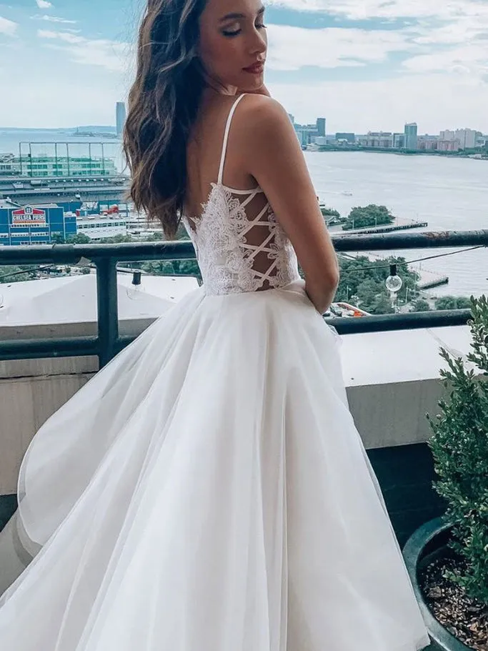 A-line Spaghetti Straps White Lace Long Prom Dresses Formal Dress Evening Gowns CBD573