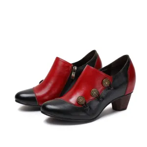 CrazycatZ Leather Pumps,Womens Colorful Vintage Block Heel Oxford Vintage Shoes Pumps Buttoned Deco Red