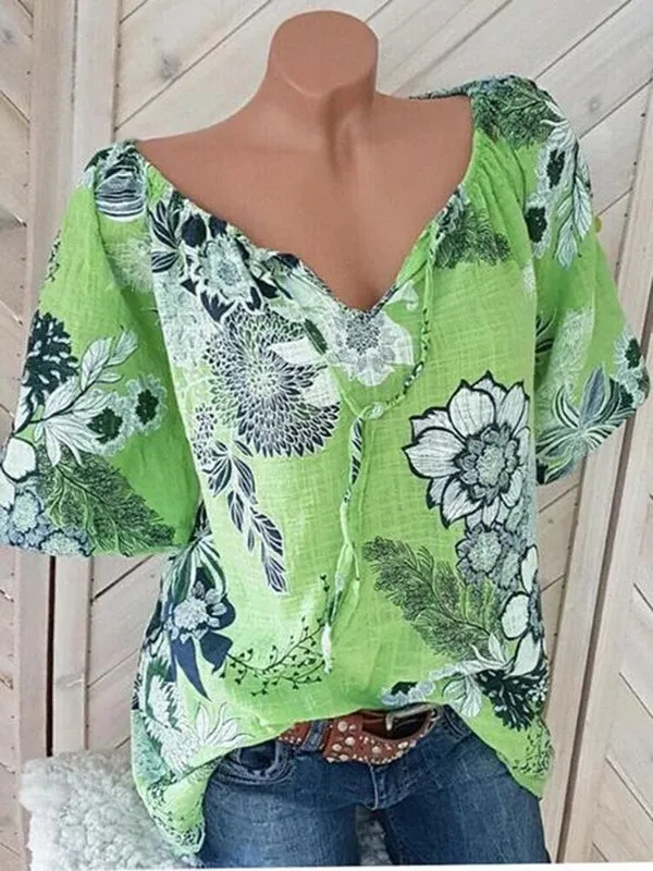 One word neck tie printing loose large size women's T-shirt